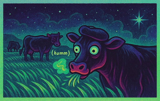 space cow in beret and grass