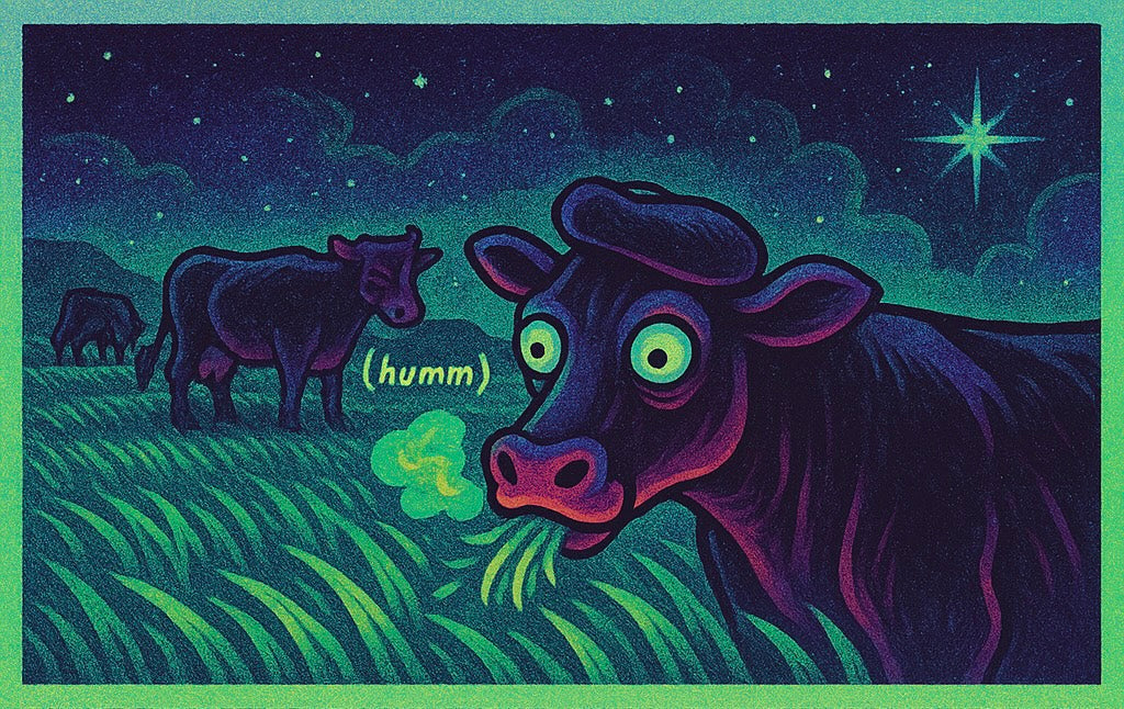 space cow in beret and grass